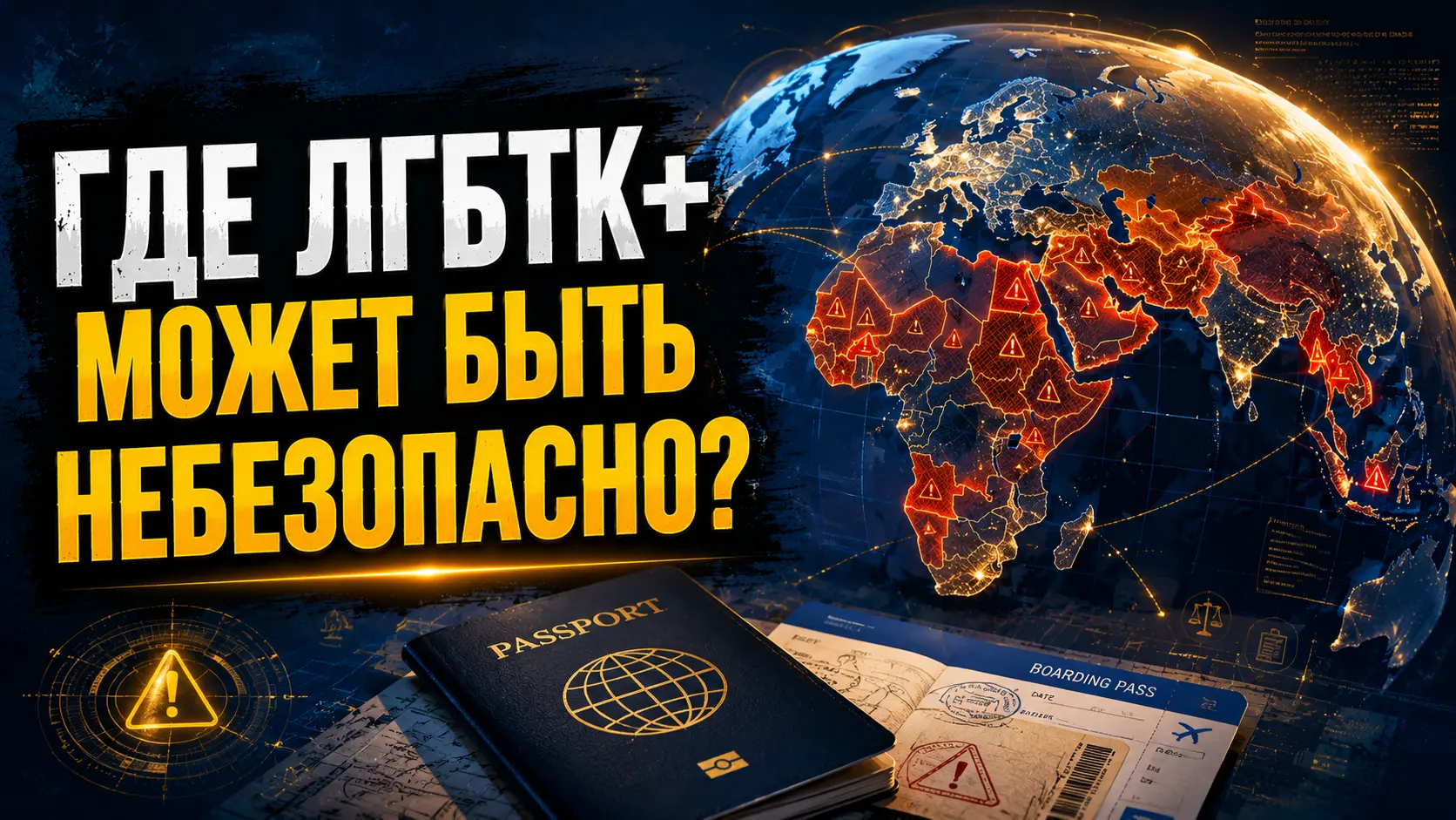 Карта мира с выделенными красным опасными для ЛГБТ-людей странами, паспорт и посадочный талон